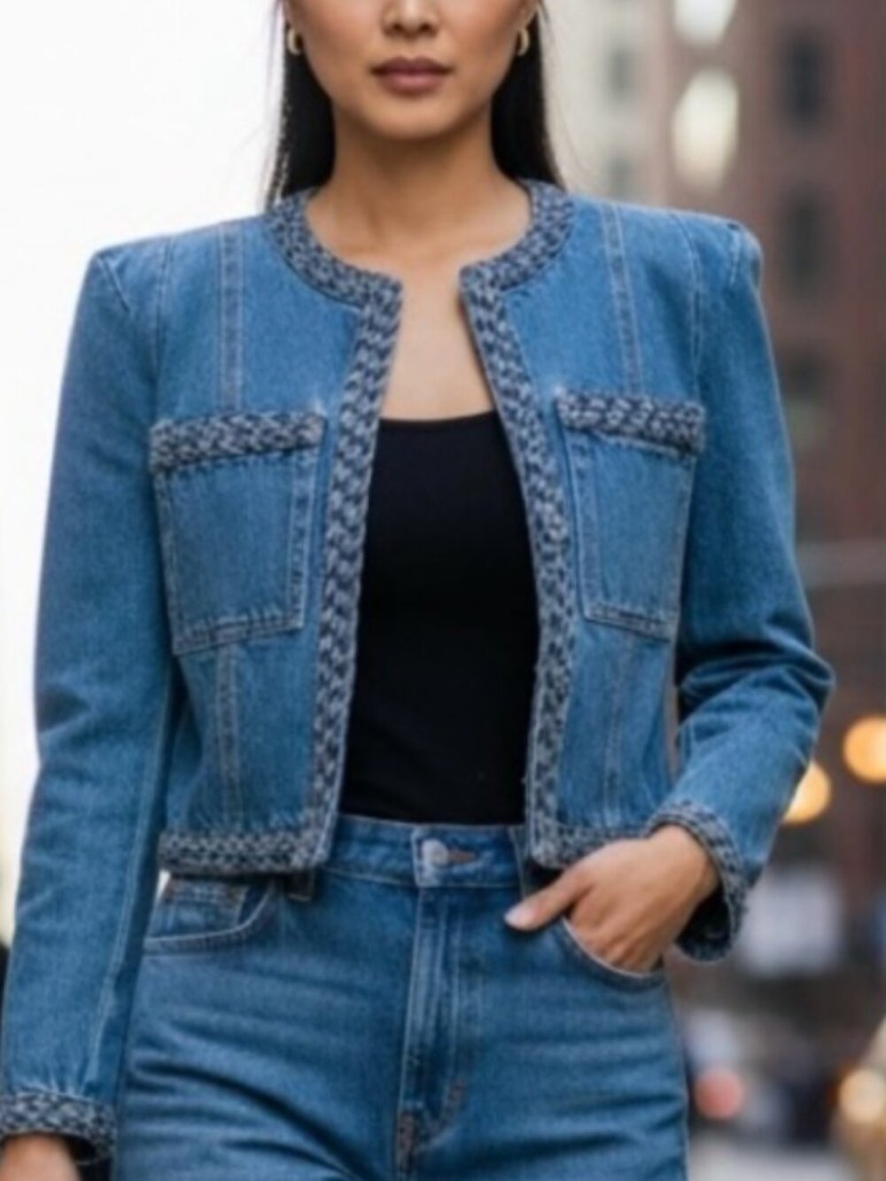 Veronica Beard Arrowe Collection Denim Jacket Braided Trim Silver Hardware 8